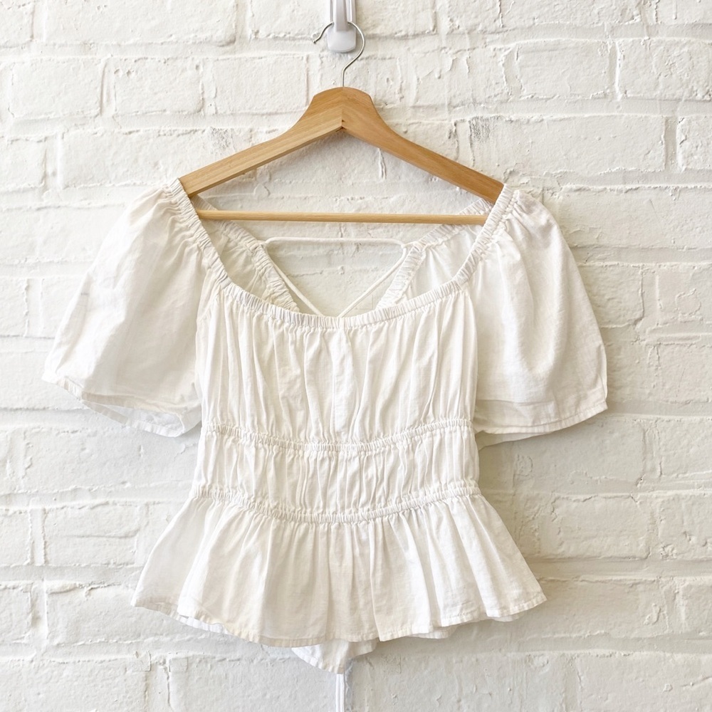 Free‎ People || Phoebe Smocked Puff Sleeve Lace Up Open Back Top White XS